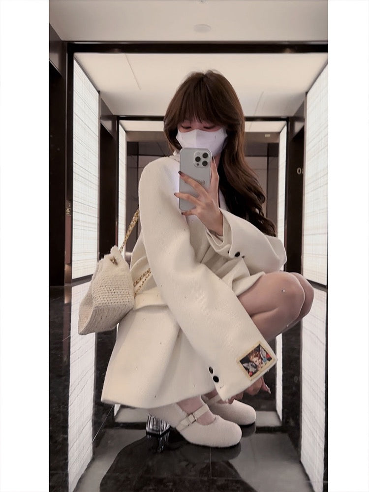 IN MIMIFACE shoulder pad woolen suit jacket women's autumn and winter casual loose high-quality suit jacket thickened