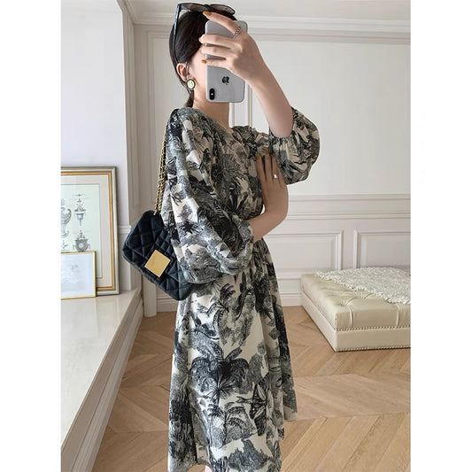 mona original women's dress skirt women's spring and summer dress three-quarter sleeves line-painted printing waist slimming light luxury mid-length skirt