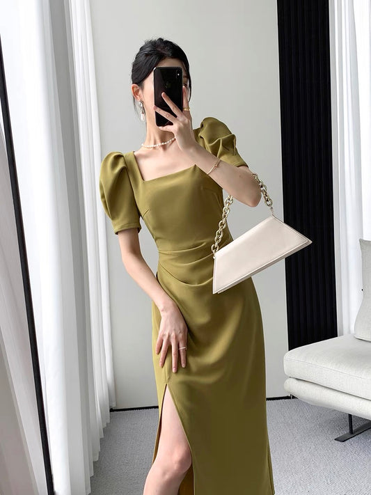 Guo Ge custom green dress women's 2022 summer new high-end sense waist slim temperament square collar long skirt