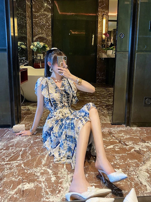BETTER LS 2022 new summer dress French high-end European ladies v-neck floral dress Korean version