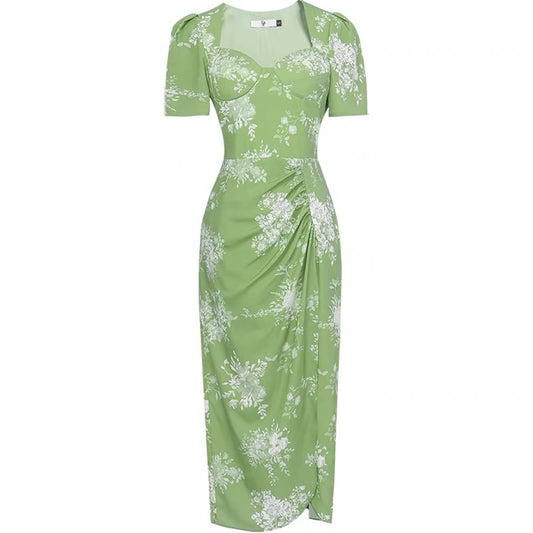 2022 summer new fashion square neck puff sleeves waist asymmetrical pleated split green printed dress