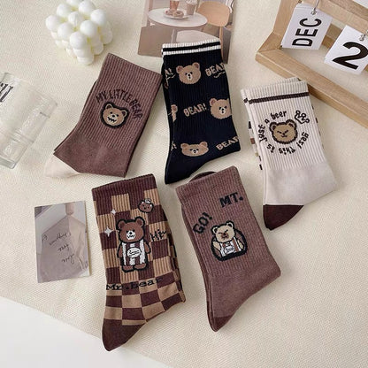 Net red super fire bear socks women's autumn and winter mid-tube socks pure cotton ins tide long tube plaid striped Korean sports