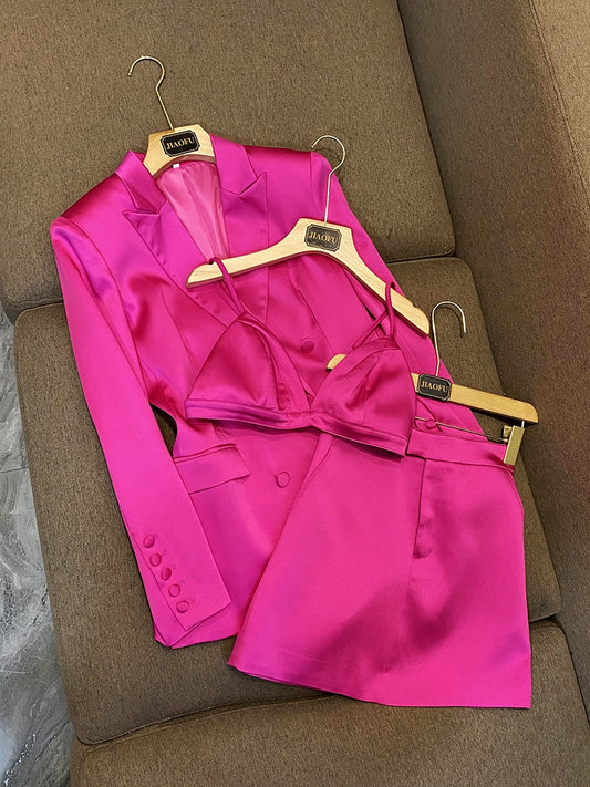 2023 European and American stars new bright satin double-breasted loose suit suspenders short skirt suit three-piece suit 6785