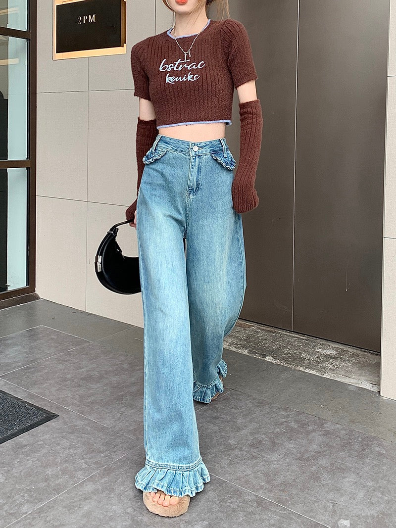 Light-colored retro straight jeans women's spring all-match mopping trousers high waist loose design wide-leg pants