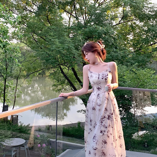 ByYou summer new fresh floral V-neck suspender dress women's backless waist mid-length skirt 1143