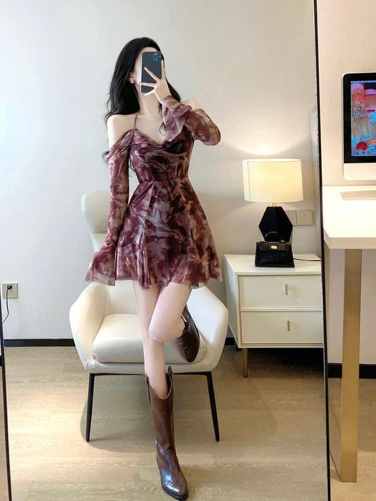 Printed dress women 2023 spring and autumn new temperament celebrity waist slimming one-line collar off-the-shoulder a-line suspender skirt