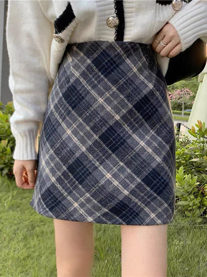 Plaid woolen a-line skirt ladies autumn and winter 2022 new package hip skirt small tall waist thin short skirt