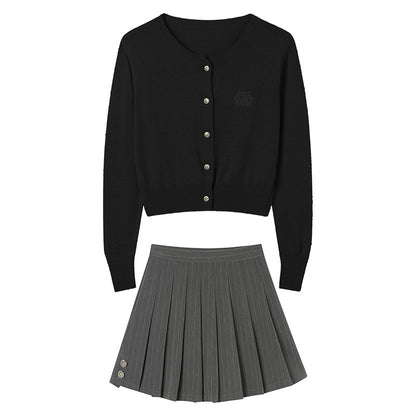 Tea style wears a whole two-piece suit, small fragrant wind, Korean style college knitted cardigan coat, pleated skirt, small spring