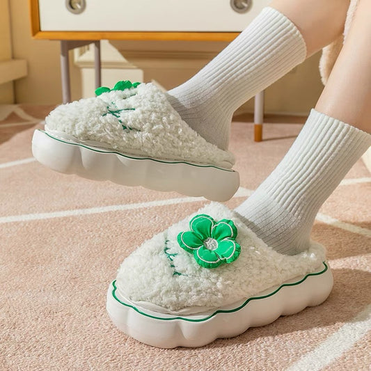 Flower thick bottom plush cotton slippers women autumn and winter net infrared wear home indoor household confinement slippers women