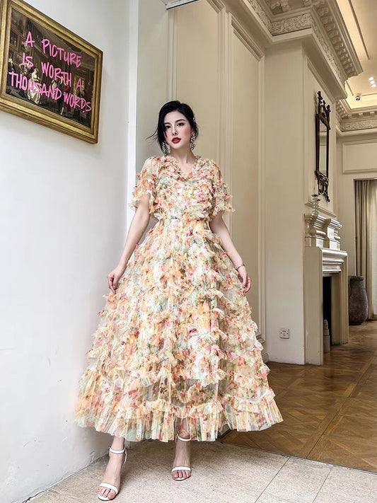 Pure sweet and gentle wind long skirt female 2022 new summer large swing v-neck waist swing floral dress fairy 1418