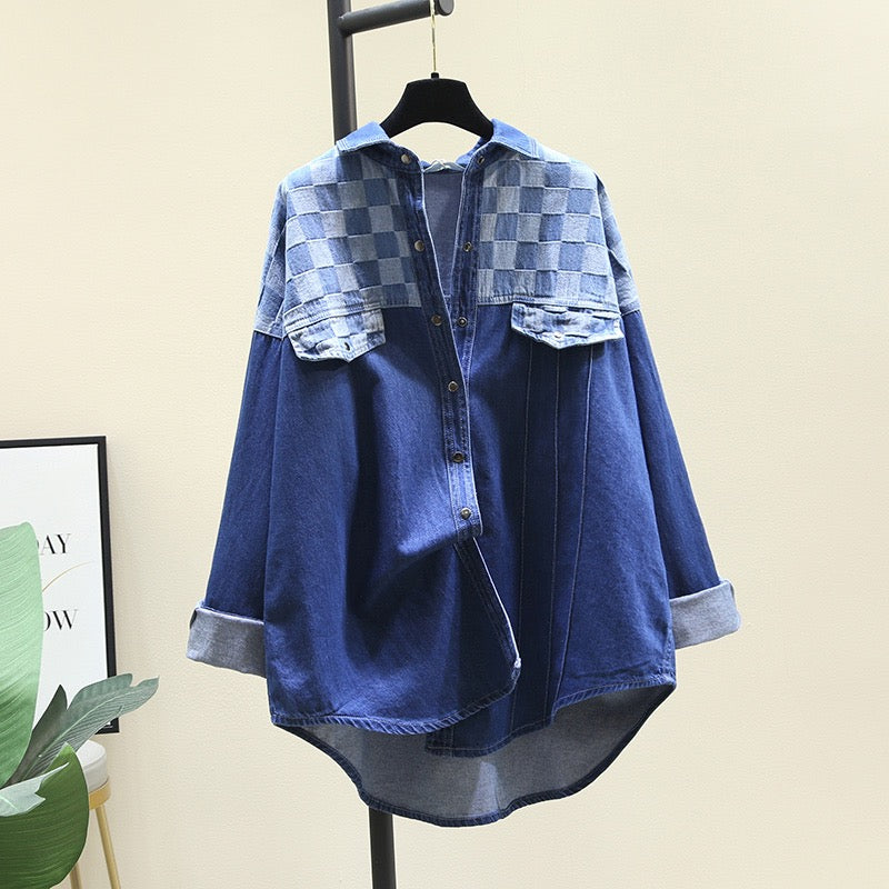 Color-block denim shirt women's 2023 spring new Korean version of the mid-length casual loose long-sleeved outerwear shirt jacket