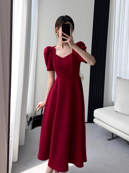 Guoge custom red dress female 2022 summer new square neck puff sleeves waist thin temperament engagement dress