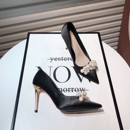 Satin high-heeled dress shoes 2022 autumn new Korean style French fairy style pearl pointed toe stiletto single shoes wedding shoes