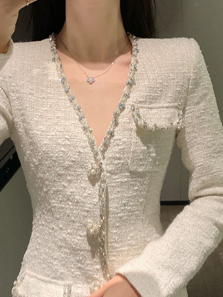 Small fragrance style high-end sense waist waist temperament celebrity autumn and winter with coat skirt v-neck thick floral bottoming dress female