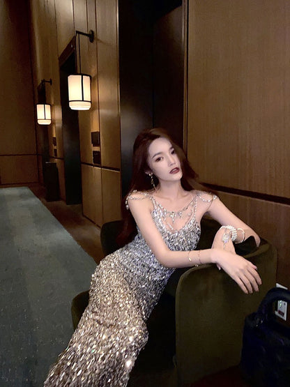 Qianda Original Design Noble Gradient Gold Sequin Long Dress Dress Birthday Party Banquet Dress