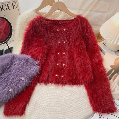 Double-breasted imitation mink coat women's 2022 autumn and winter new Korean version loose all-match warm long-sleeved sweater cardigan