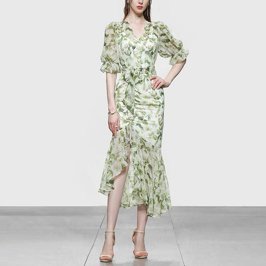 2022 new summer dress women's temperament French chiffon long skirt puff sleeves waist thin printed dress
