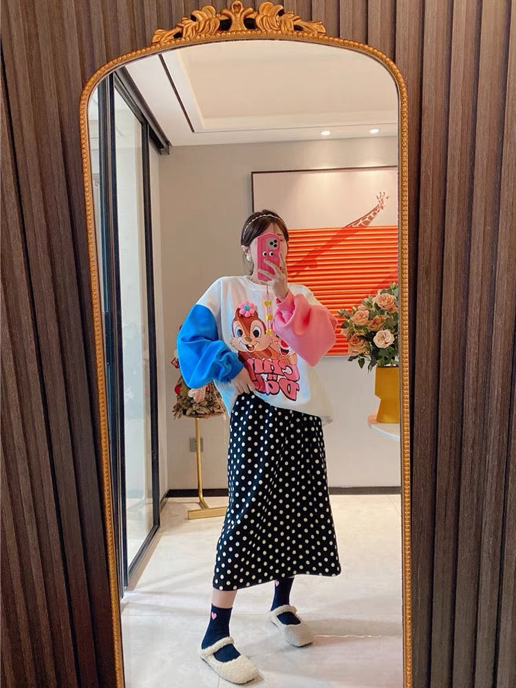 JENNIFER JXLIU Korea Dongdaemun autumn and winter cute little squirrel hit color sleeve cartoon print sweater