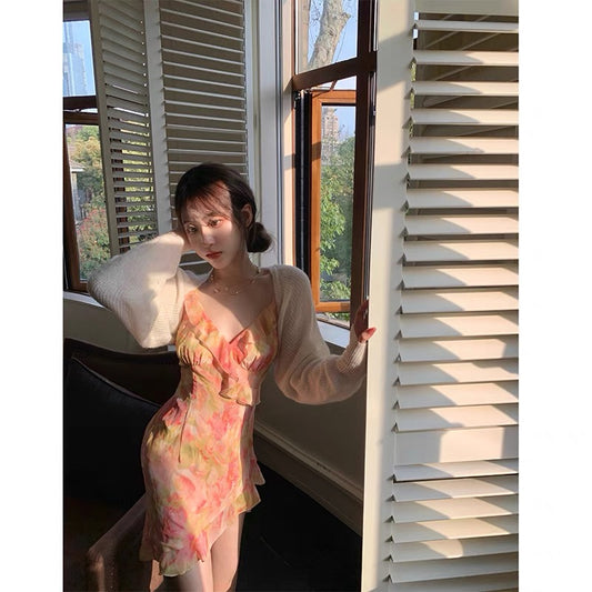 DoggyQin Broken Gold Rose/2022 Spring/Summer French Romantic Sexy Print Short Skirt Sling Slit Dress