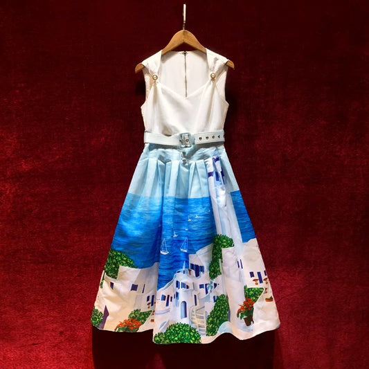 Celebrity Royal Sister Wind Waist Temperament Sleeveless French Print High Waist Holiday Dress Summer 2022 New