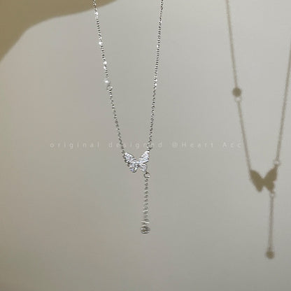 Butterfly Tassel Zircon Necklace Women Korean Light Luxury High-end Delicate Clavicle Chain Spring Niche Design Sense Necklace