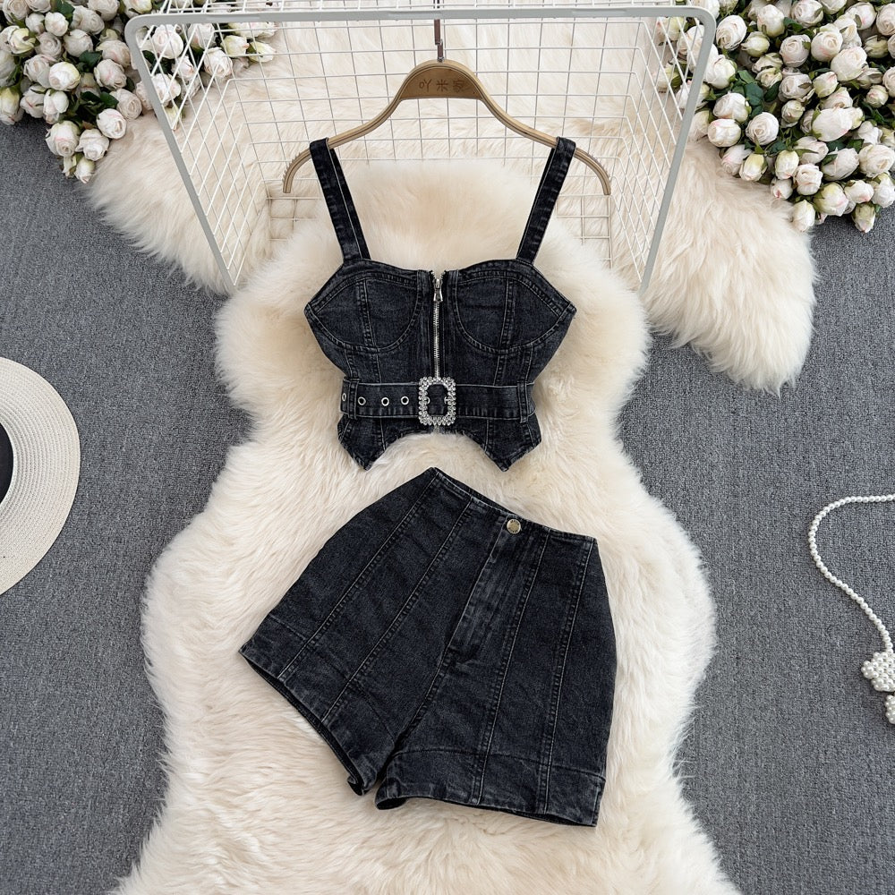 Fashion suit hot girl zipper denim camisole two-piece denim shorts high waist wide leg a-line hot pants