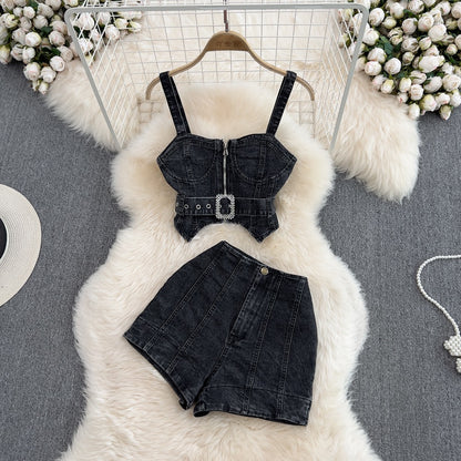 Fashion suit hot girl zipper denim camisole two-piece denim shorts high waist wide leg a-line hot pants