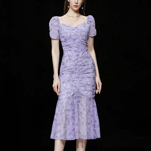 2022 new summer dress women's temperament puff sleeves slim ruffled printed chiffon dress long skirt women