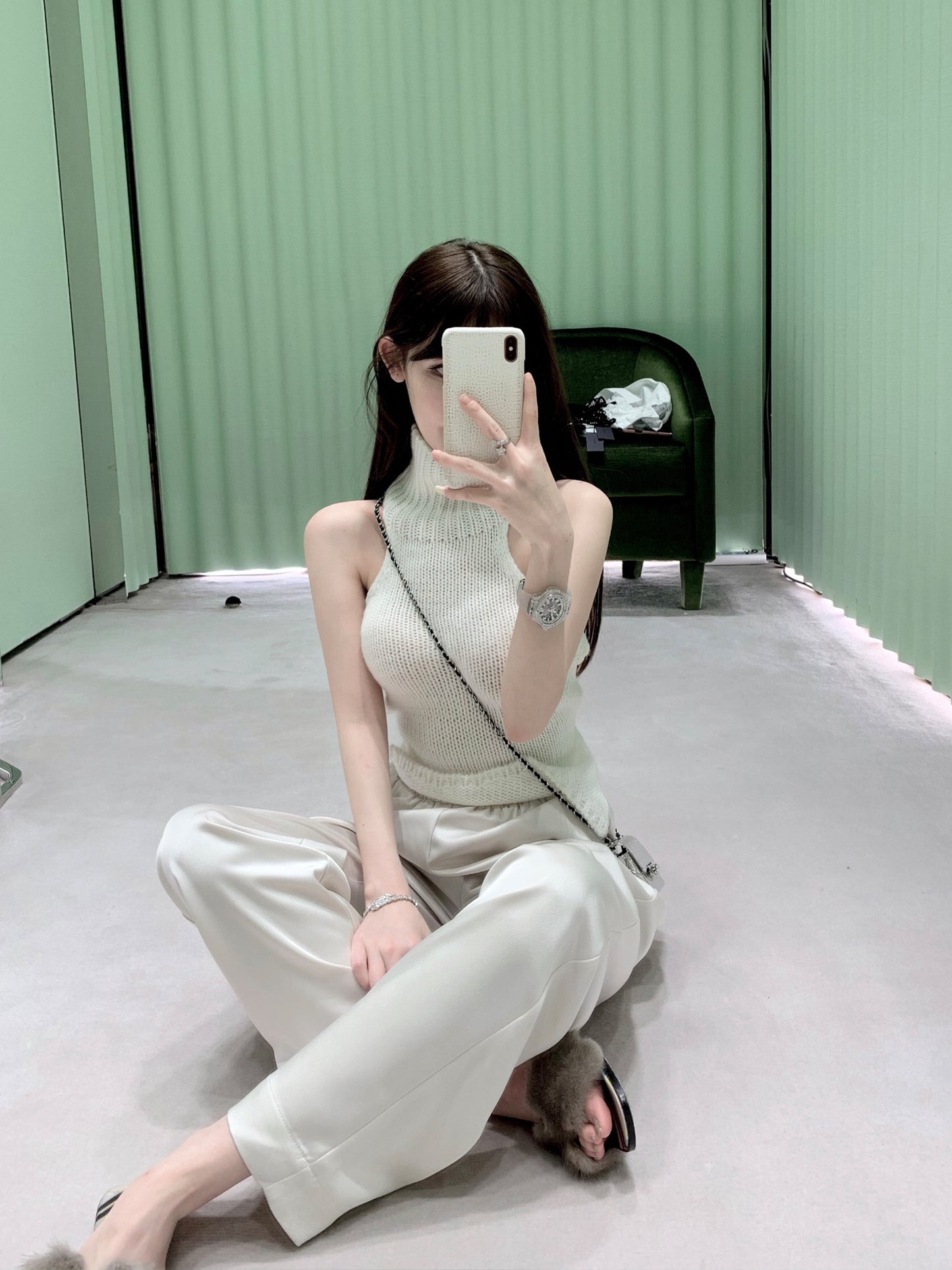 CHICYOU【Silky touch】Imitation acetic acid wrinkle-resistant elastic waist satin wide-leg pants casual loose trousers