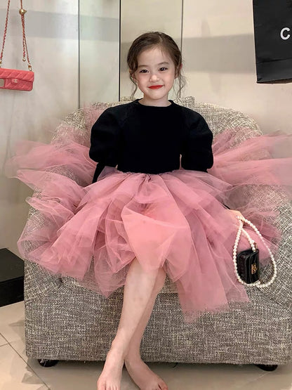 Original girls' knitted wool skirt 2022 autumn and winter long-sleeved children's clothing Western style dress children's princess mesh skirt