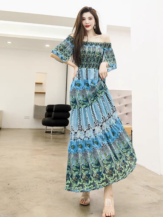 Floral dress female 2022 new French word neck long skirt holiday wear summer long skirt beach skirt 1421