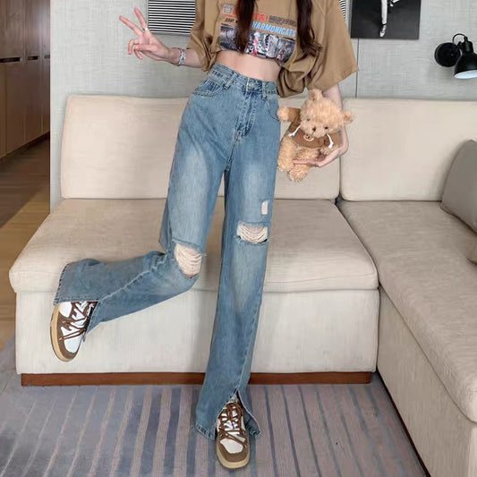 kumikumi washed retro jeans women's summer high waist slim straight pants design sense hole slit pants 8238