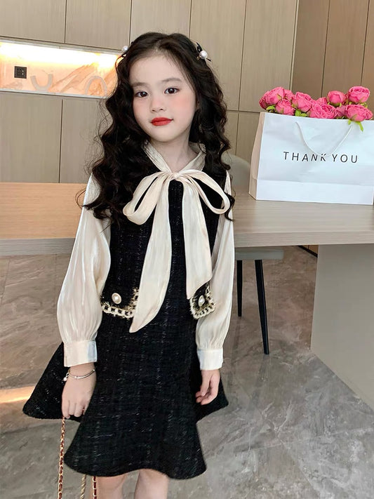 Original girls Xiaoxiang style long-sleeved dress autumn 2022 new children's fake two-piece stitching baby girl skirt