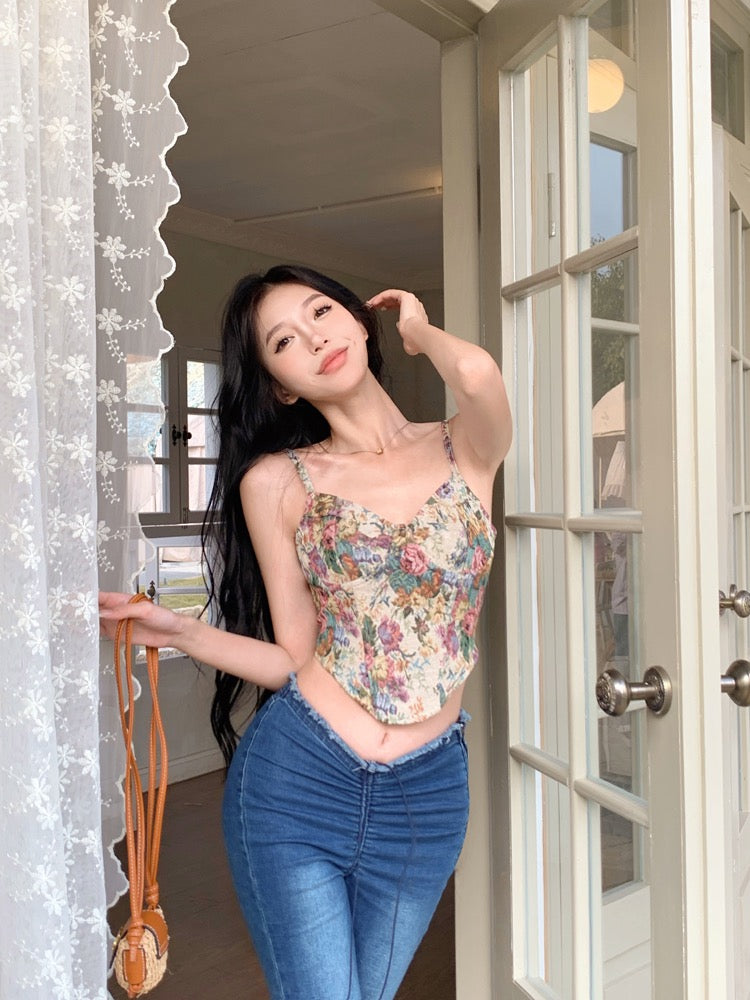 Sweet babes floral camisole female summer pure desire French sexy sleeveless inner strapless short top outerwear