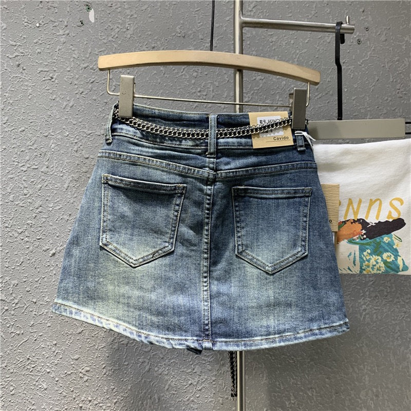 Tide brand 2023 spring new retro nostalgic blue denim bag hip skirt sexy high waist elastic a-line skirt