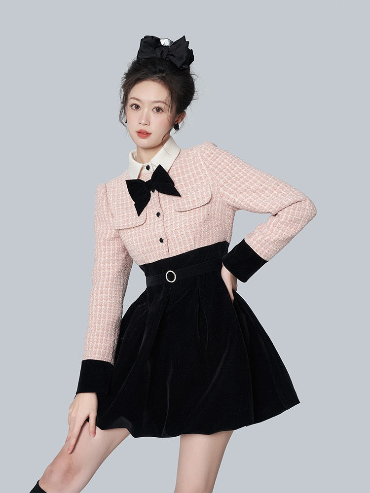 Xiaoxiangfeng retro bud skirt autumn and winter sweet new bowknot dress niche chic high-end skirt women