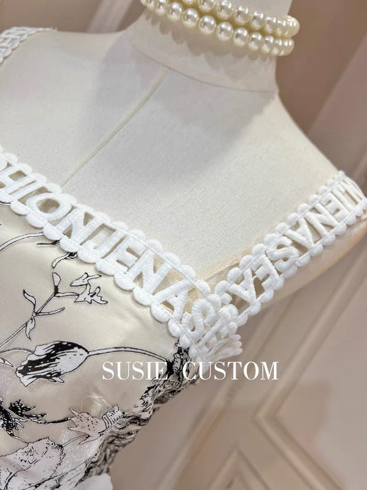 High custom temperament letter water soluble lace sling stitching retro printed yarn three-dimensional flower waist A-line long skirt