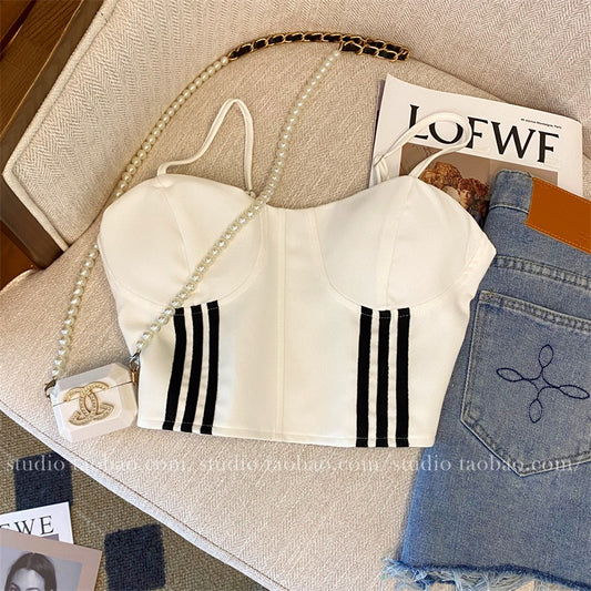 Striped tube top with chest pad suspenders 2023 summer new women's clothing hot girls wear sexy pure desire small vest