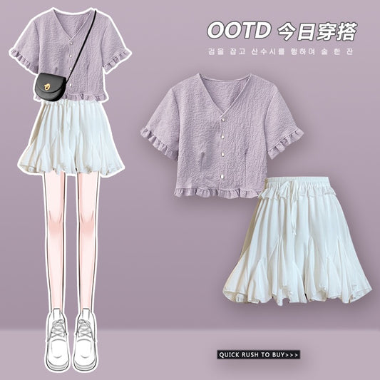 Dairy style wears a small sweet fluffy skirt suit 2023 age-reducing two-piece summer dress for women to look thin