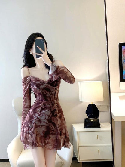 Printed dress women 2023 spring and autumn new temperament celebrity waist slimming one-line collar off-the-shoulder a-line suspender skirt