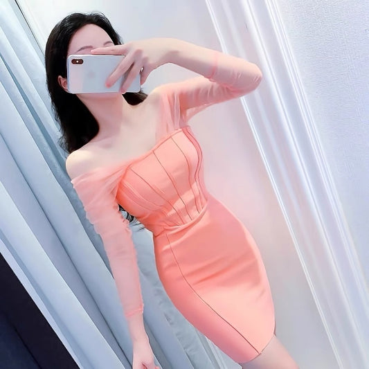 Off-the-shoulder see-through sleeve slim orange pink one-shoulder dress