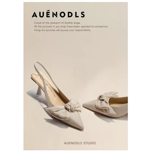 AUENODLS leather back empty nude apricot bow high heels with bright silk stiletto pointed toe sandals for women's outer wear