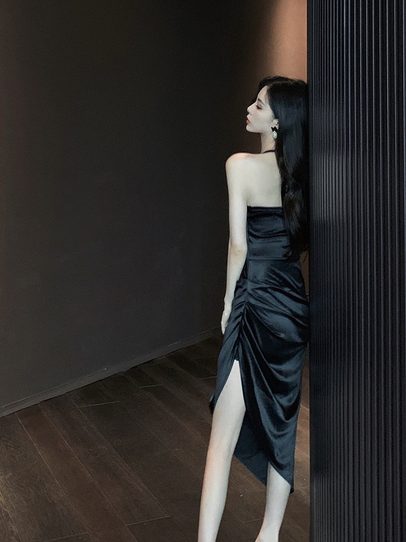 Sexy Halter Neck Dress Summer Backless Dress Skirt Women's French Retro Temperament Split Sling Long Dress Little Black Dress