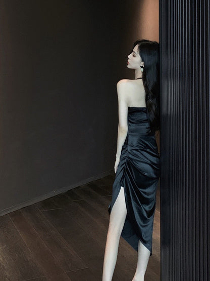 Sexy Halter Neck Dress Summer Backless Dress Skirt Women's French Retro Temperament Split Sling Long Dress Little Black Dress