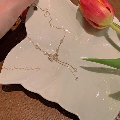 Pure desire butterfly pull pearl necklace women's spring light luxury niche high-end design sense necklace clavicle chain accessories