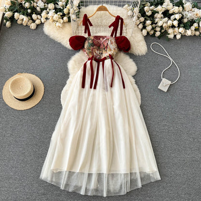 French retro niche design sense embroidered sling dress summer women's dress waist slimming mesh mid-length skirt