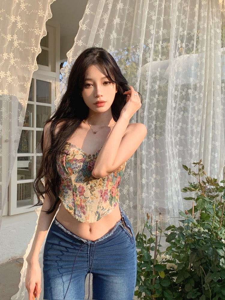 Sweet babes floral camisole female summer pure desire French sexy sleeveless inner strapless short top outerwear