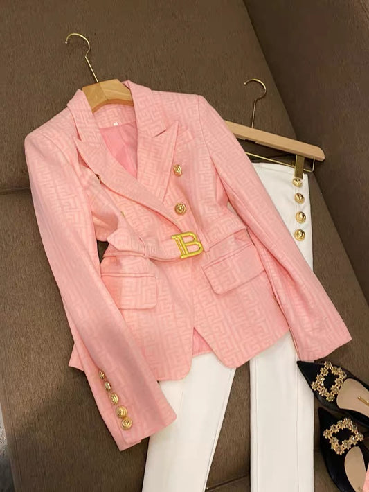 New 2022 fashion small suit jacket women's suit lion buckle short black and white jacquard top coat D6006