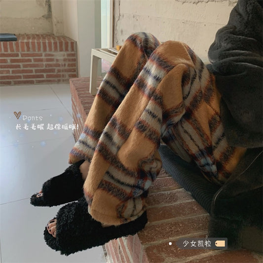 Retro plaid wool casual pants women's clothing 2023 spring and autumn new loose straight wide-leg pants trousers trousers winter