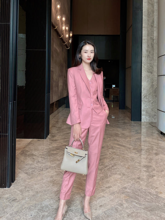 Spring and autumn new high-grade wool fabric dry rose pink suit vest three-piece temperament slim trouser suit